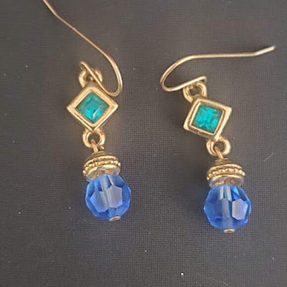 Swarovski Dainty Drop Earrings Green and Blue Crystals Gold Plate Swan Signed - Picture 5 of 5